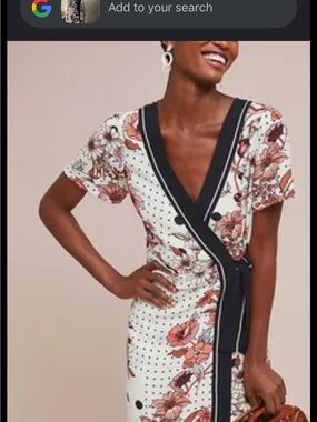 Anthropologie White Floral Wrap Dress with Black Trim